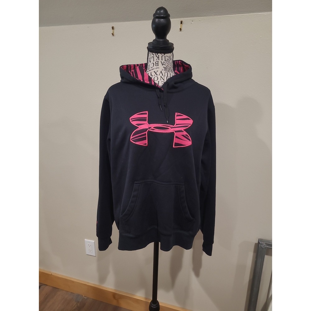 Under Armour Black Pink Zebra Logo Athletic Hoodie Women SZ L casual comfort